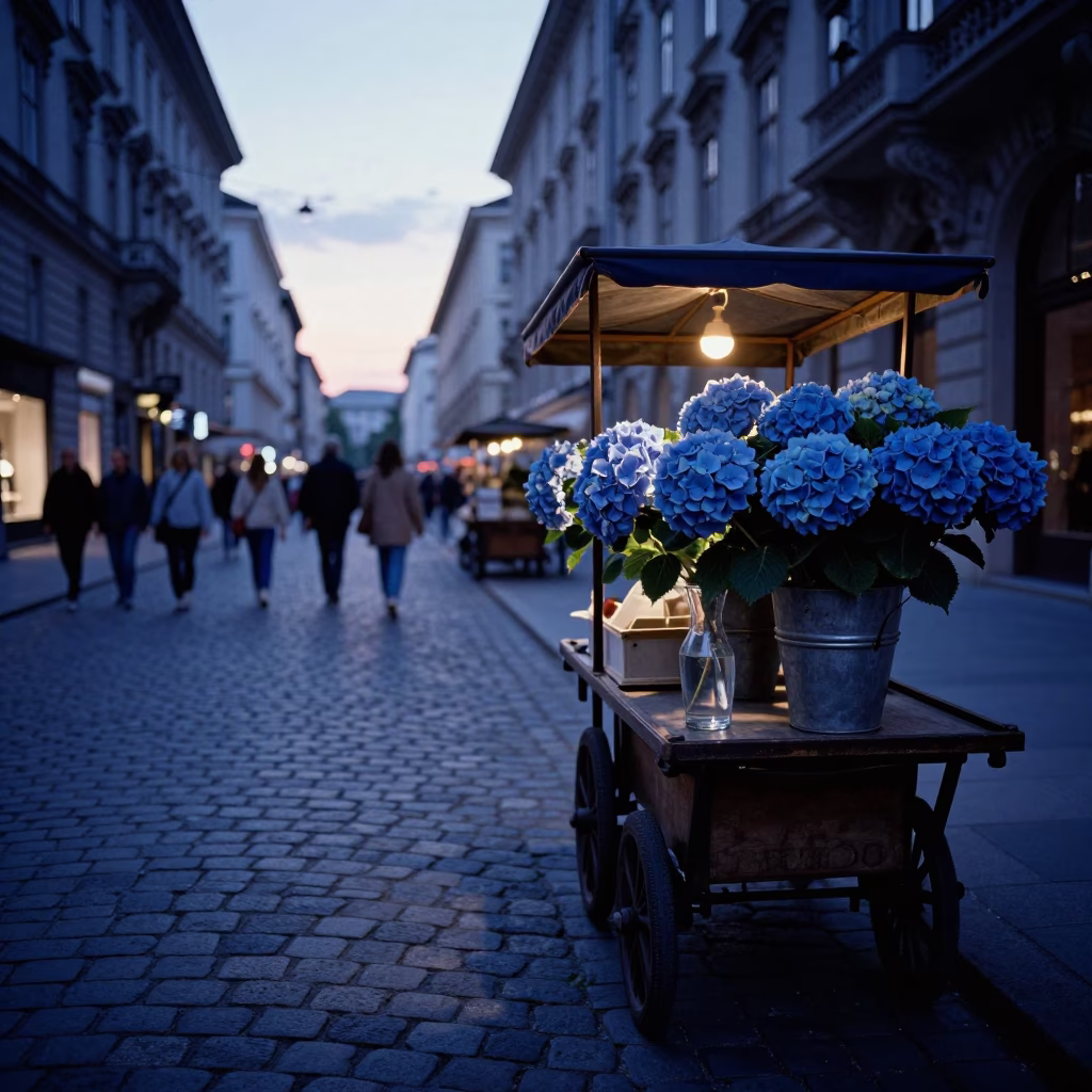 Indigo Twilight Street Scene in Vienna Austria with Hydrangeas and Carafe in in Vienna, Austria