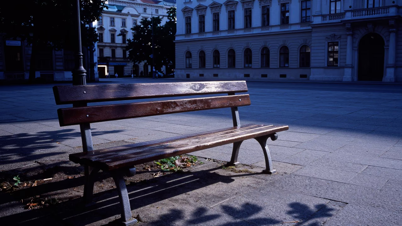 Indigo Twilight Street Scene in Vienna Austria with Leaf Shadows and Wooden Bench in in Vienna, Austria