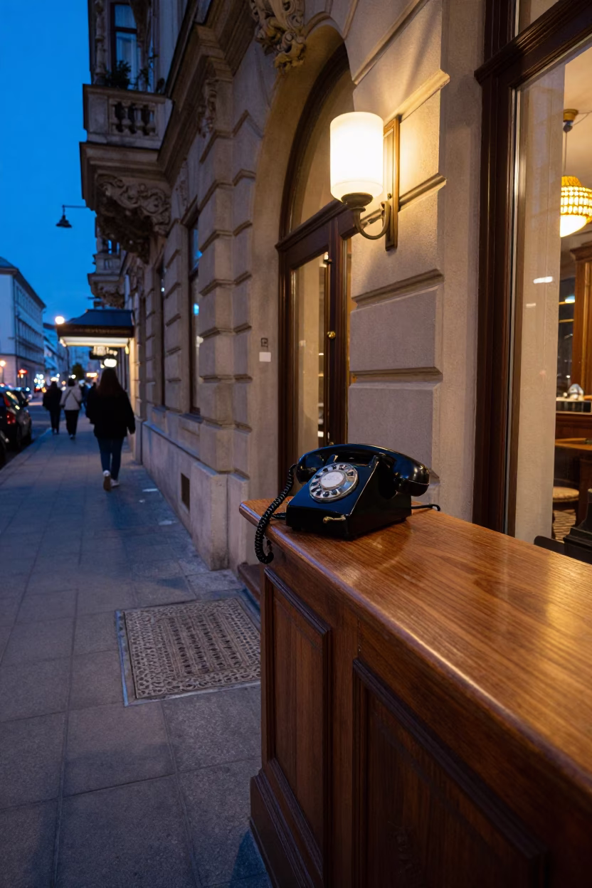 Indigo Twilight Street Scene in Vienna Austria with Vintage Bakelite Telephone on Hotel Desk in in Vienna, Austria