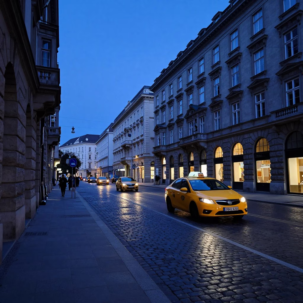 Indigo Twilight Street Scene in Vienna Austria with Yellow Taxi and Latch Detail in in Vienna, Austria