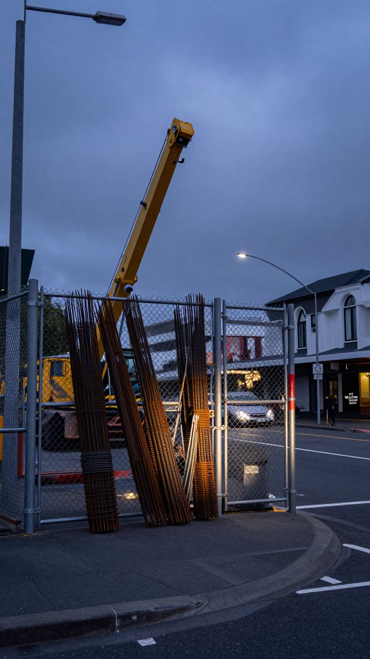 Indigo Twilight Street Scene in Wellington New Zealand with Construction Gate and Espresso Cup in in Wellington, New Zealand