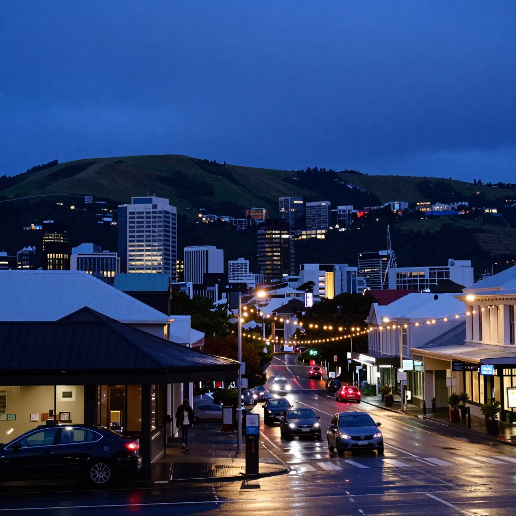 Indigo Twilight Street Scene in Wellington New Zealand with String Lights and Rain in in Wellington, New Zealand