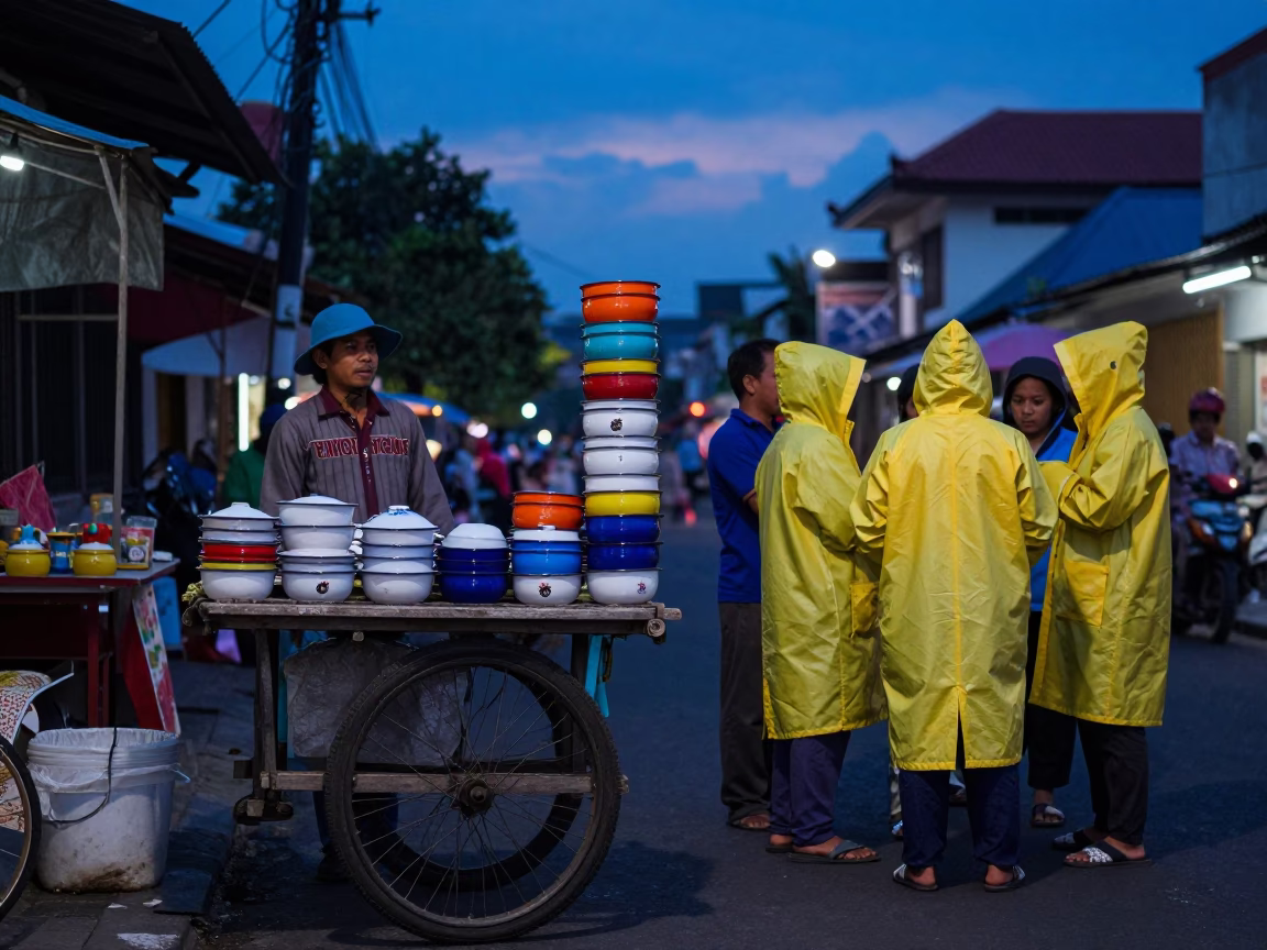 Indigo Twilight Street Scene in Yogyakarta Indonesia with Enamel Bowls and Raincoats in in Yogyakarta, Indonesia