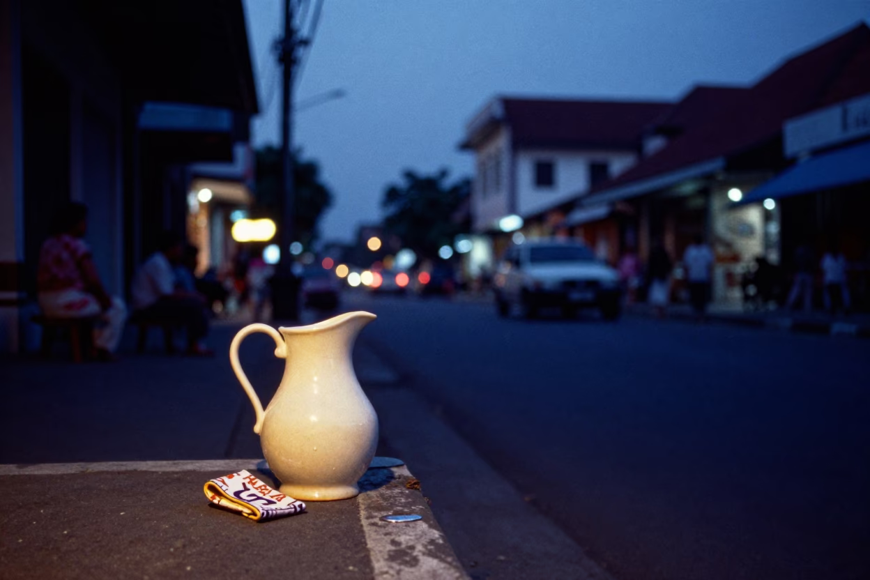 Indigo Twilight Street Scene in Yogyakarta Indonesia with Pitcher and Handkerchief in in Yogyakarta, Indonesia