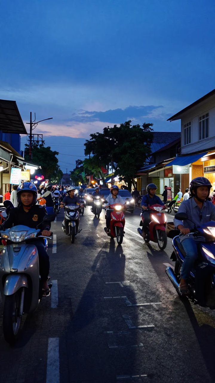 Indigo Twilight Street Scene in Yogyakarta Indonesia with Tea Stains on Handle in in Yogyakarta, Indonesia