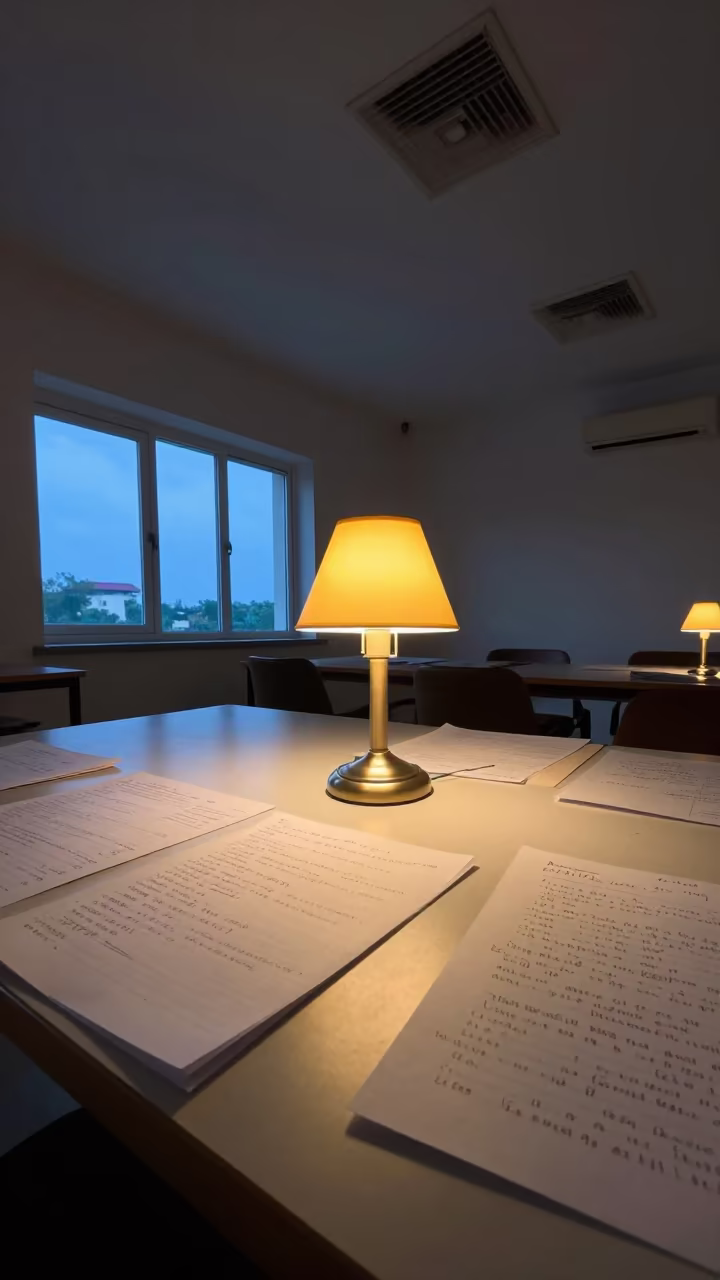 Indigo Twilight Study Desk with Notes in at a seminar table covered in notes in Ahmedpur East