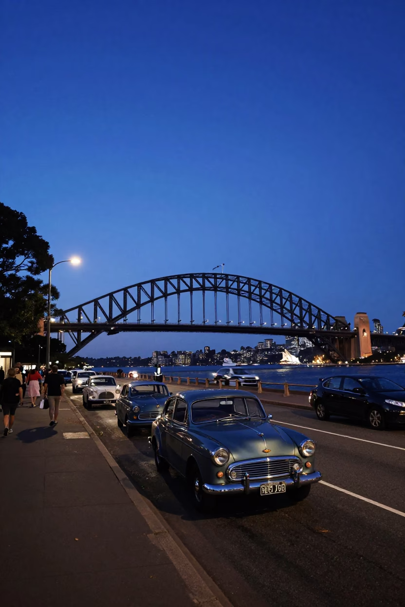 Indigo Twilight Sydney Street Scene with Vintage Cars and Geraniums in in Sydney, New South Wales, Australia