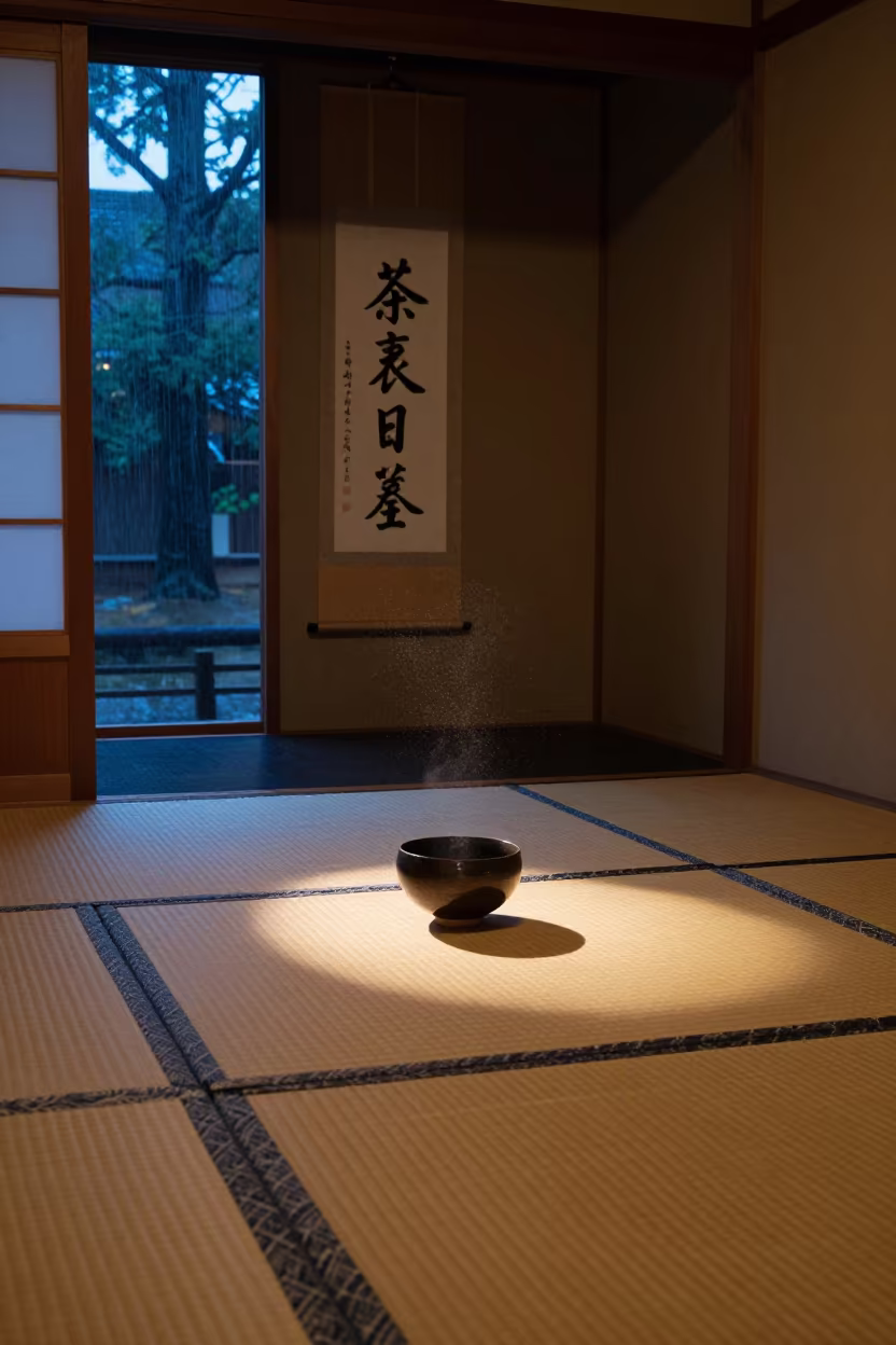 Indigo Twilight Tea Bowl on Tatami Nara in beside a tokonoma alcove in a tea room in Nara