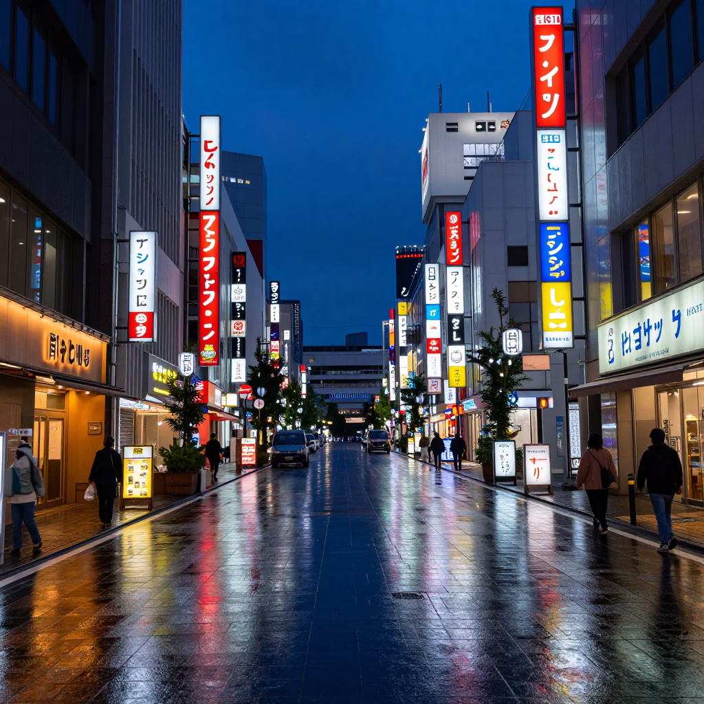 Indigo Twilight Tokyo Street Scene with Neon Reflections and Urban Details in in Tokyo, Japan