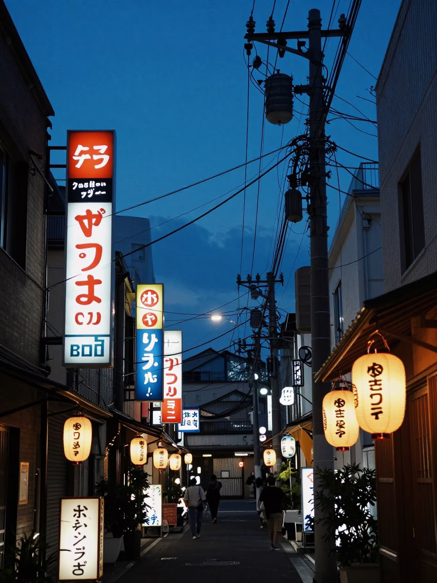Indigo Twilight Tokyo Street Scene with Neon Signs and Local Diners in in Tokyo, Japan