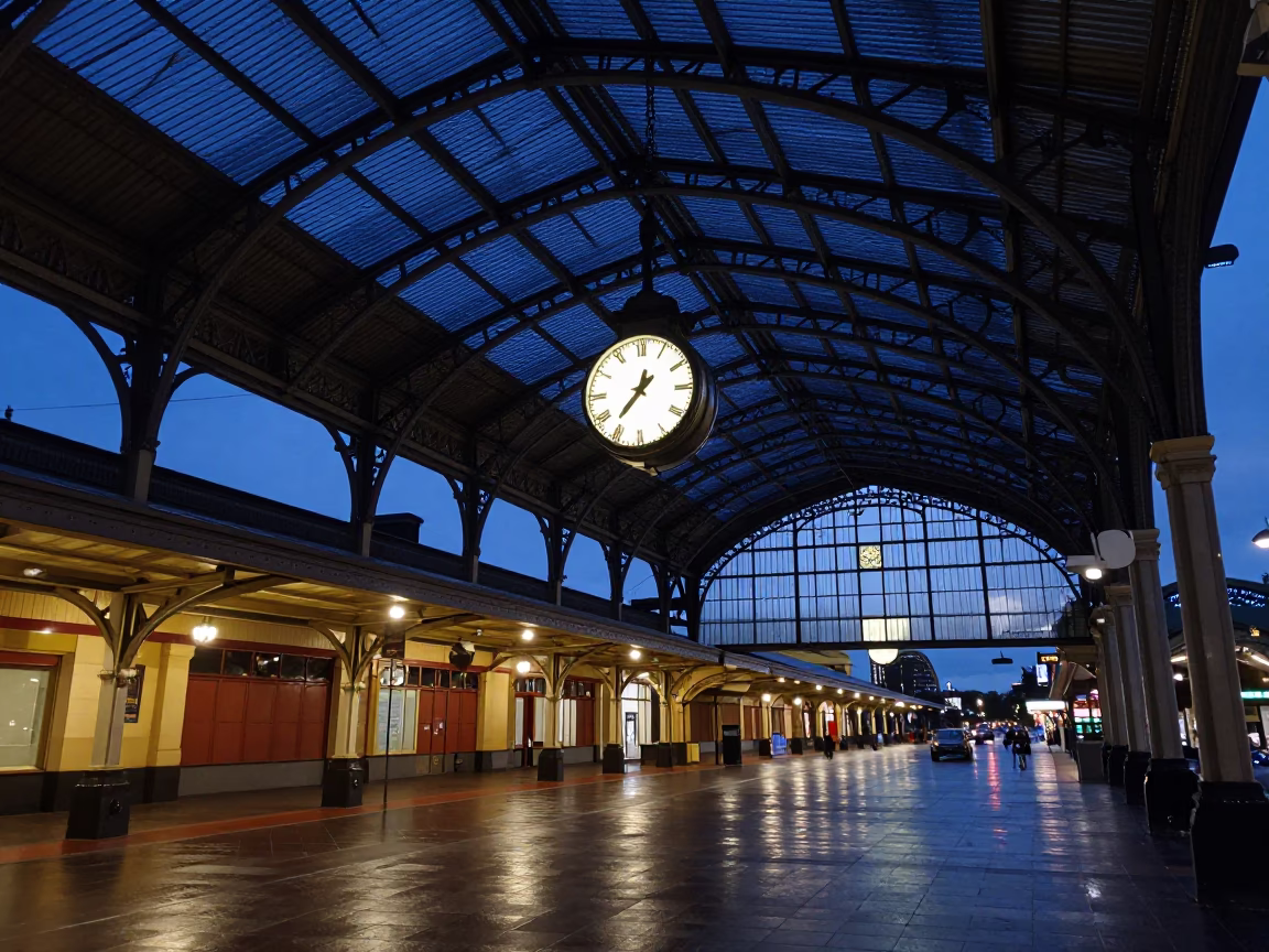 Indigo Twilight Train Station Clock Under Iron Roof in Adelaide South Australia in in Adelaide, South Australia, Australia