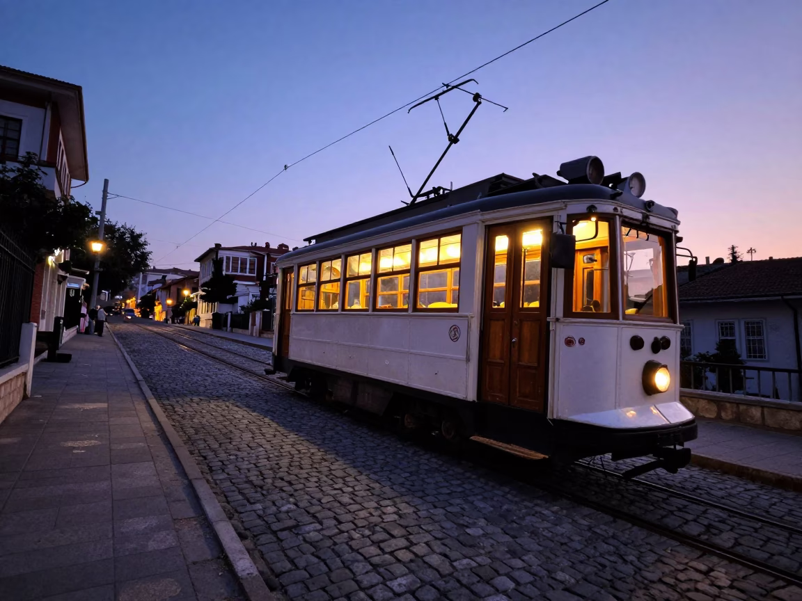 Indigo Twilight Tram Climbing Steep Hill in Izmir Turkey in in Izmir, Turkey