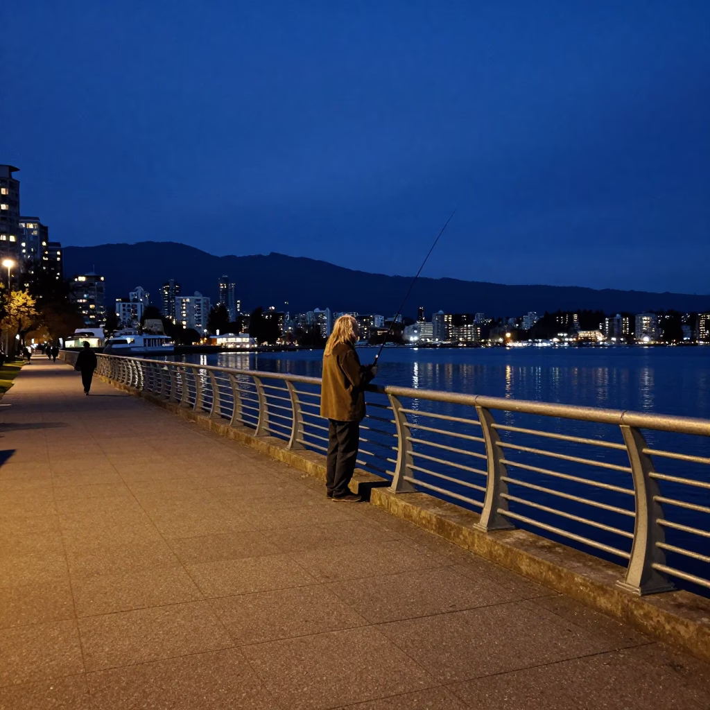Indigo Twilight Vancouver BC Street Scene with Fisherman and Urban Architecture in in Vancouver, British Columbia, Canada