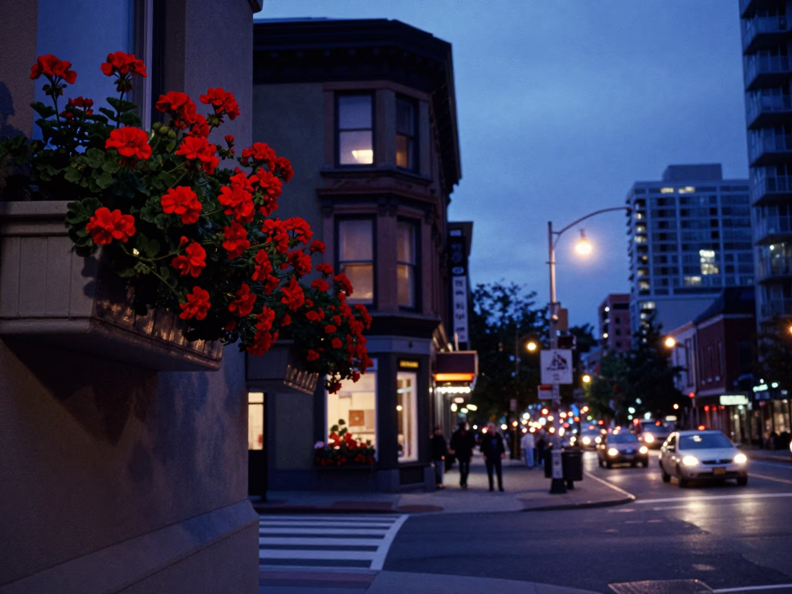 Indigo Twilight Vancouver Street Scene with Geraniums and Urban Activity in in Vancouver, British Columbia, Canada