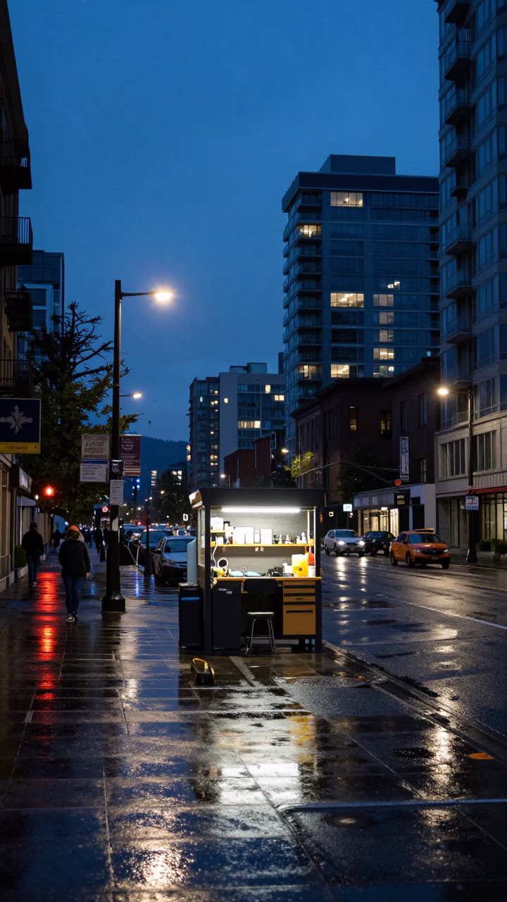 Indigo Twilight Vancouver Street Scene with Workbench Lighting and Window Curtains in in Vancouver, British Columbia, Canada