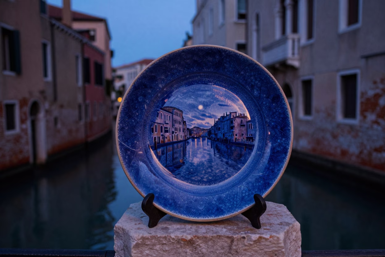 Indigo Twilight Venice Canal Reflections Vintage Majolica Plate on Railing in in Venice, Italy