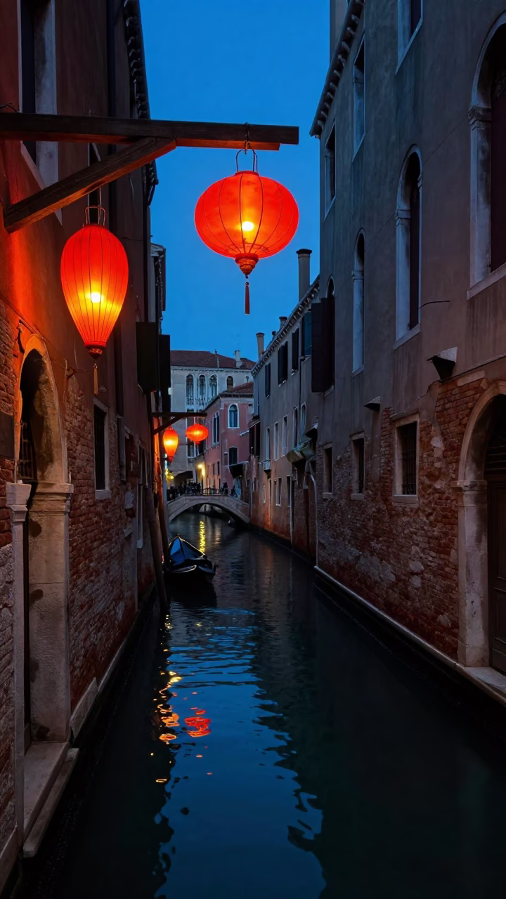 Indigo Twilight Venice Canal Scene with Hanging Lanterns and Historic Architecture in in Venice, Italy