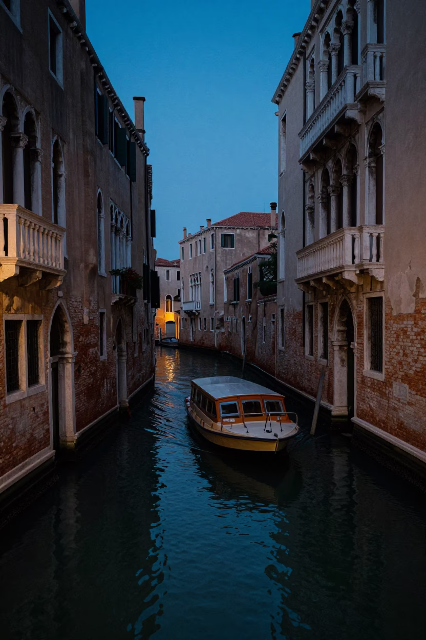 Indigo Twilight Venice Canal Scene with Water Taxi and Historic Architecture in in Venice, Italy