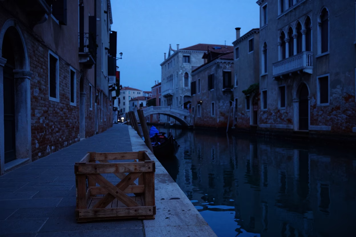 Indigo Twilight Venice Canal Street Scene with Crate and Rattan Chair in in Venice, Italy