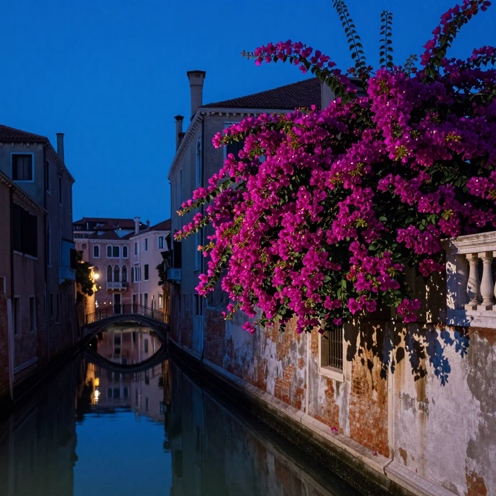 Indigo Twilight Venice Canals with Bougainvillea Cascade and Local Street Life in in Venice, Italy
