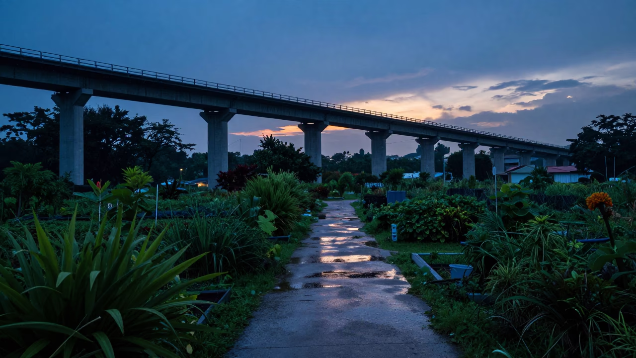 Indigo Twilight Viaduct Shadow Cutting Across Rain-Slicked Allotment Gardens in Singapore in in Singapore, Singapore