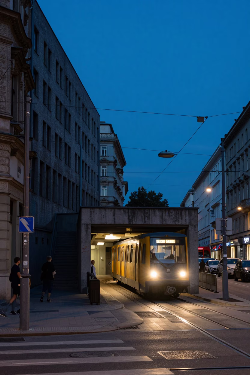 Indigo Twilight Vienna Street Scene with Brutalist Architecture and Metro Activity in in Vienna, Austria