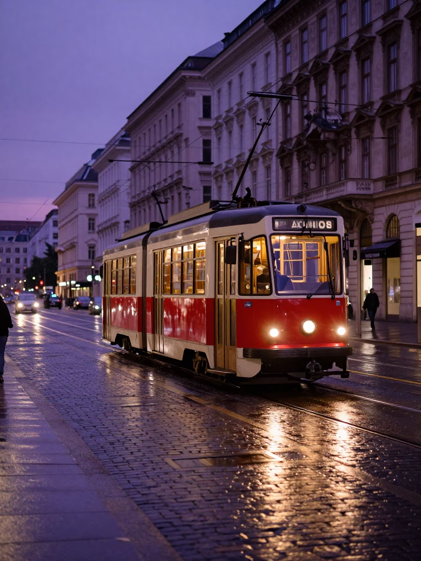 Indigo Twilight Vienna Street Scene with Heritage Tram on Cobblestones and Weeping Willow in in Vienna, Austria