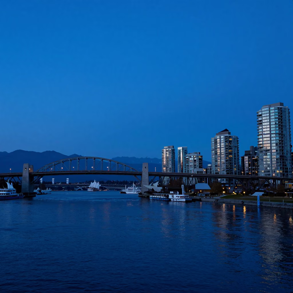 Indigo Twilight View of Burrard Street Bridge and Harbor from Stanley Park Vancouver BC in in Vancouver, British Columbia, Canada