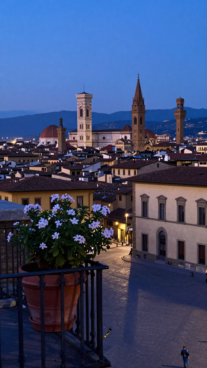 Indigo Twilight View of Florence Italy Street Scene with Flowering Plant and Local Life in in Florence, Italy