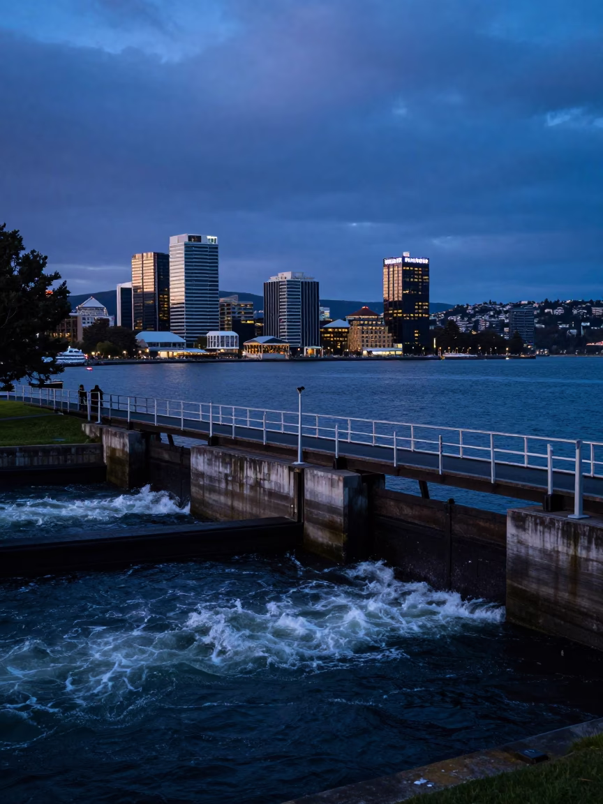 Indigo Twilight View of Hobart Tasmania Sluice Gate Walkway Over Tea Colored River Foam in in Hobart, Tasmania, Australia