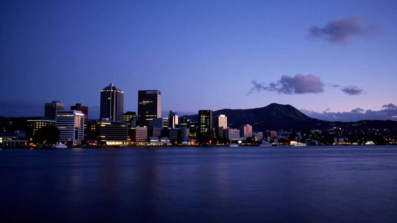 Indigo Twilight View of Hobart Tasmania Waterfront and Mount Wellington Silhouette in in Hobart, Tasmania, Australia