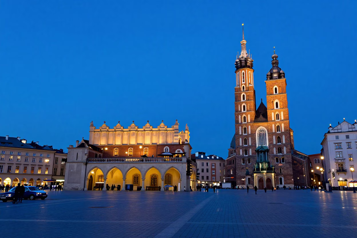 Indigo Twilight View of Krakow Main Market Square with Baroque Architecture and Evening Pedestrians in in Krakow, Poland
