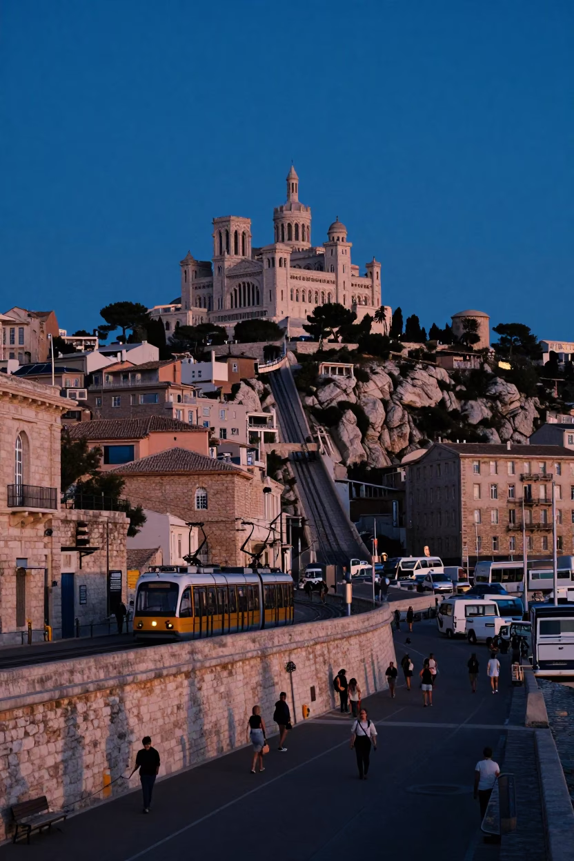 Indigo Twilight View of Marseille Vieux Port with Funicular Railway and Harbor Activity in in Marseille, France