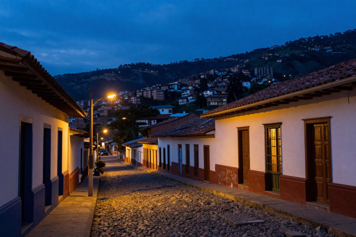Indigo Twilight View of Medellin Colombia Street Life and Dappled Shadows in in Medellin, Colombia