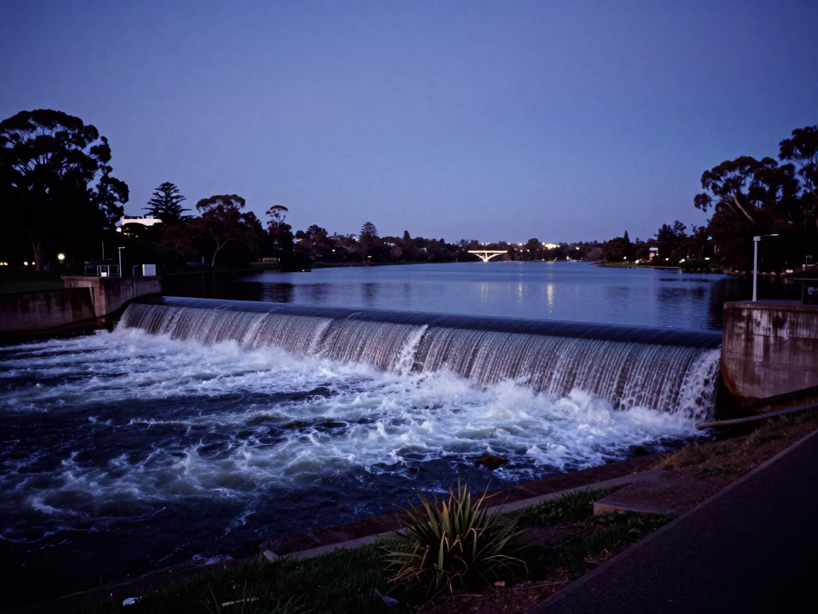 Indigo Twilight View of Perth Riverbank with Spillway and Maintenance Railings in in Perth, Western Australia, Australia