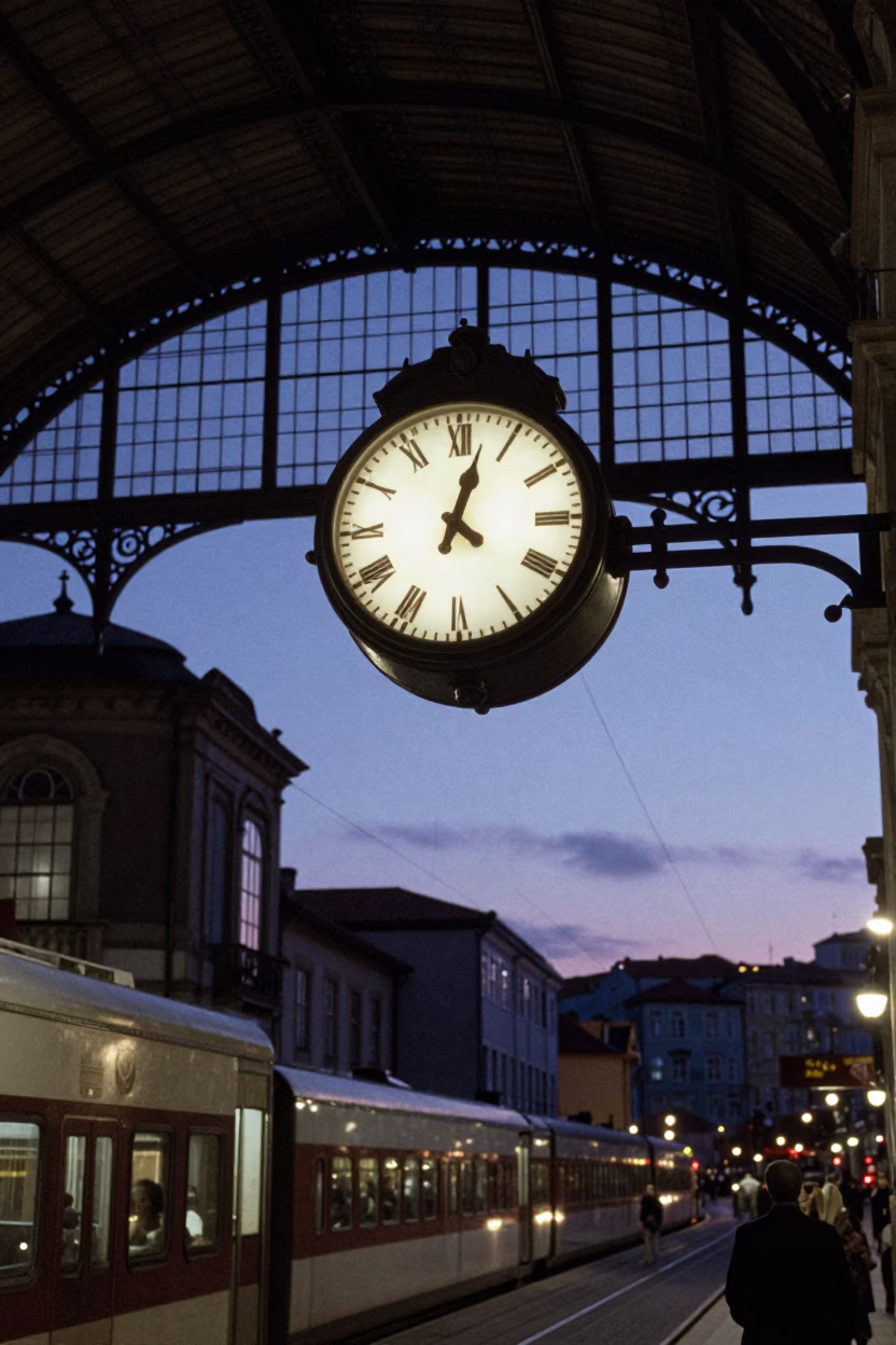 Indigo Twilight View of Porto Portugal Train Station Clock Under Iron Roof in in Porto, Portugal