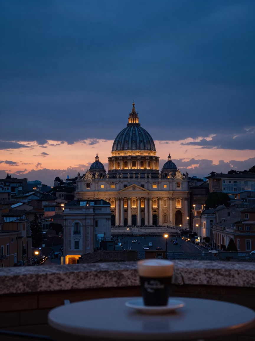Indigo Twilight View of Rome Italy Skyline with Terrace Espresso Cup in in Rome, Italy