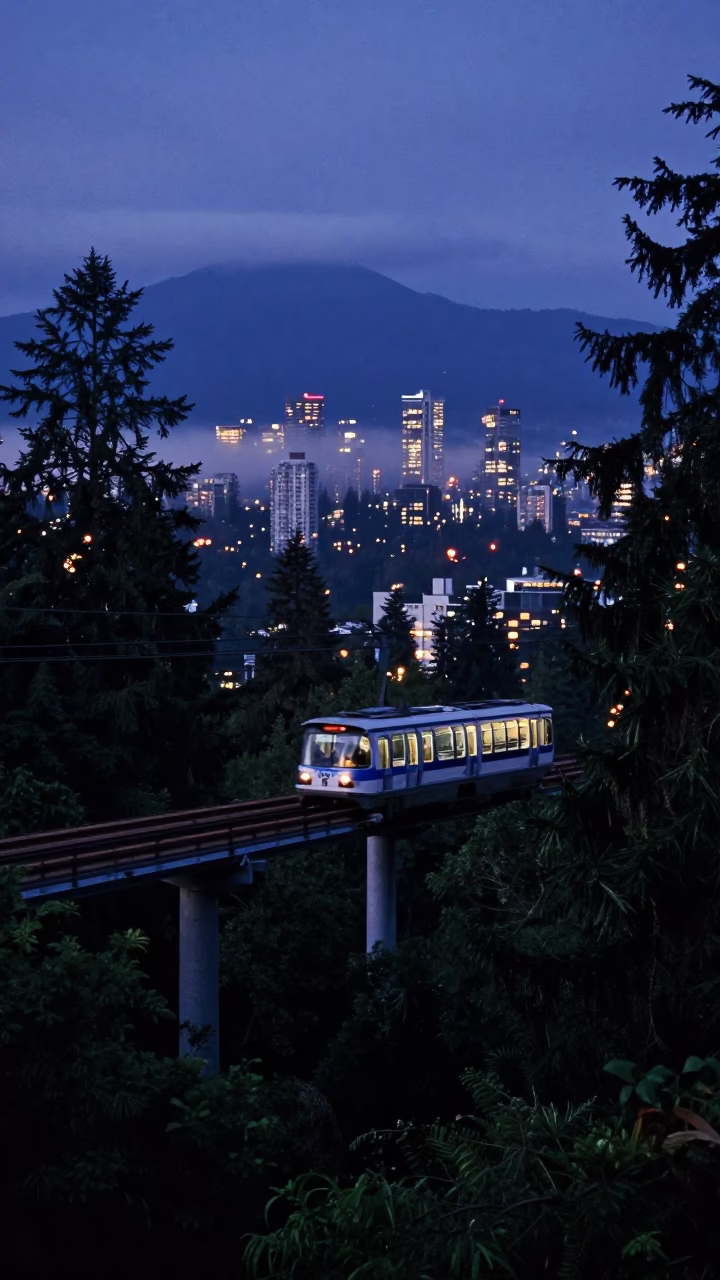 Indigo Twilight View of Vancouver SkyTrain and Rainforest Canopy from Aerial Tramway in in Vancouver, British Columbia, Canada