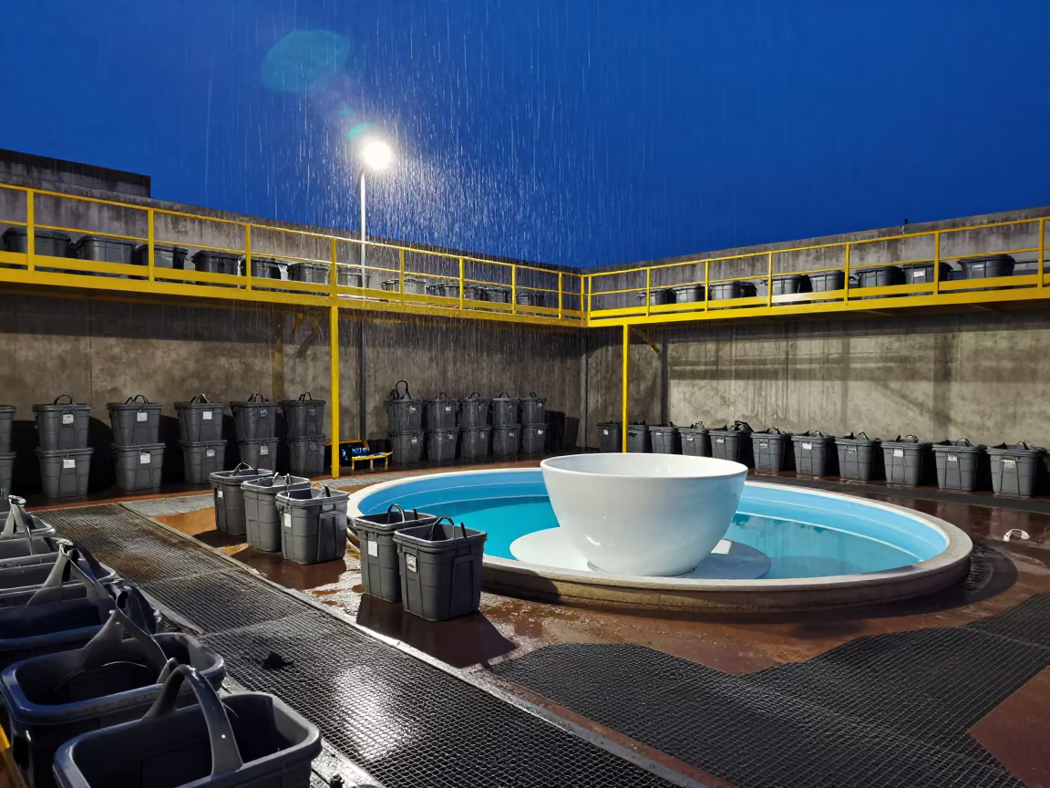 Indigo Twilight Warehouse with Giant Teacup Pool in at a parcel sorting belt near Tangier