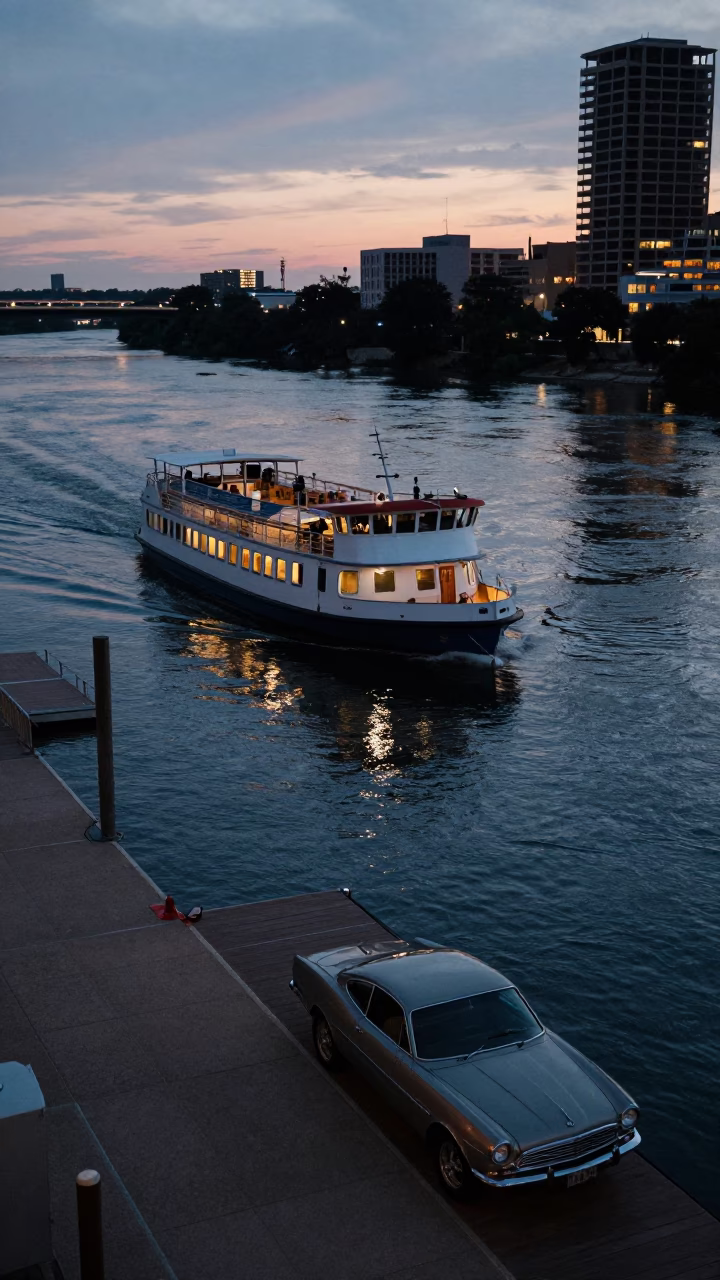Indigo Twilight Water Taxi Dock Scene with Vintage Car in Austin Texas in in Austin, Texas, United States