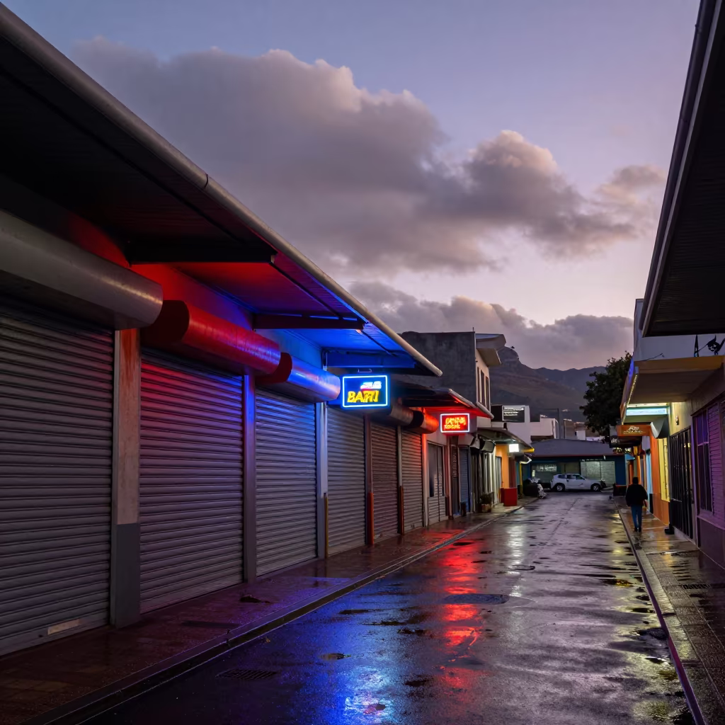 Indigo Twilight Wet Alley Neon Signs Observatory Cape Town in along a shuttered arcade in Observatory, Cape Town