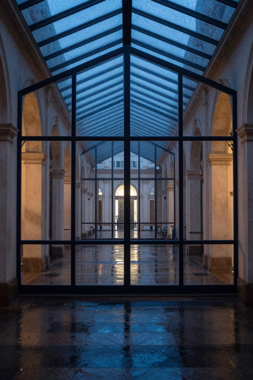 Indigo Twilight Window Grids San-Pédro Arcade in inside a glass-roofed arcade in San-Pédro