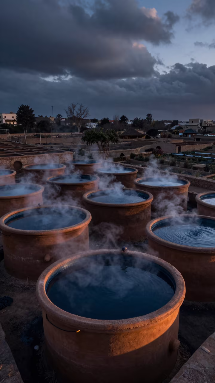 Indigo Vats Steaming in Predawn Shadow in among terraced garden plots near Tobruk