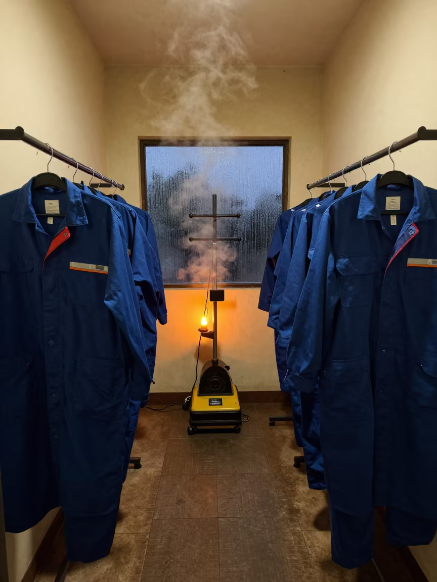 Indigo Workwear Steam in Predawn Candlelight in in a backstage changing corridor near Okene