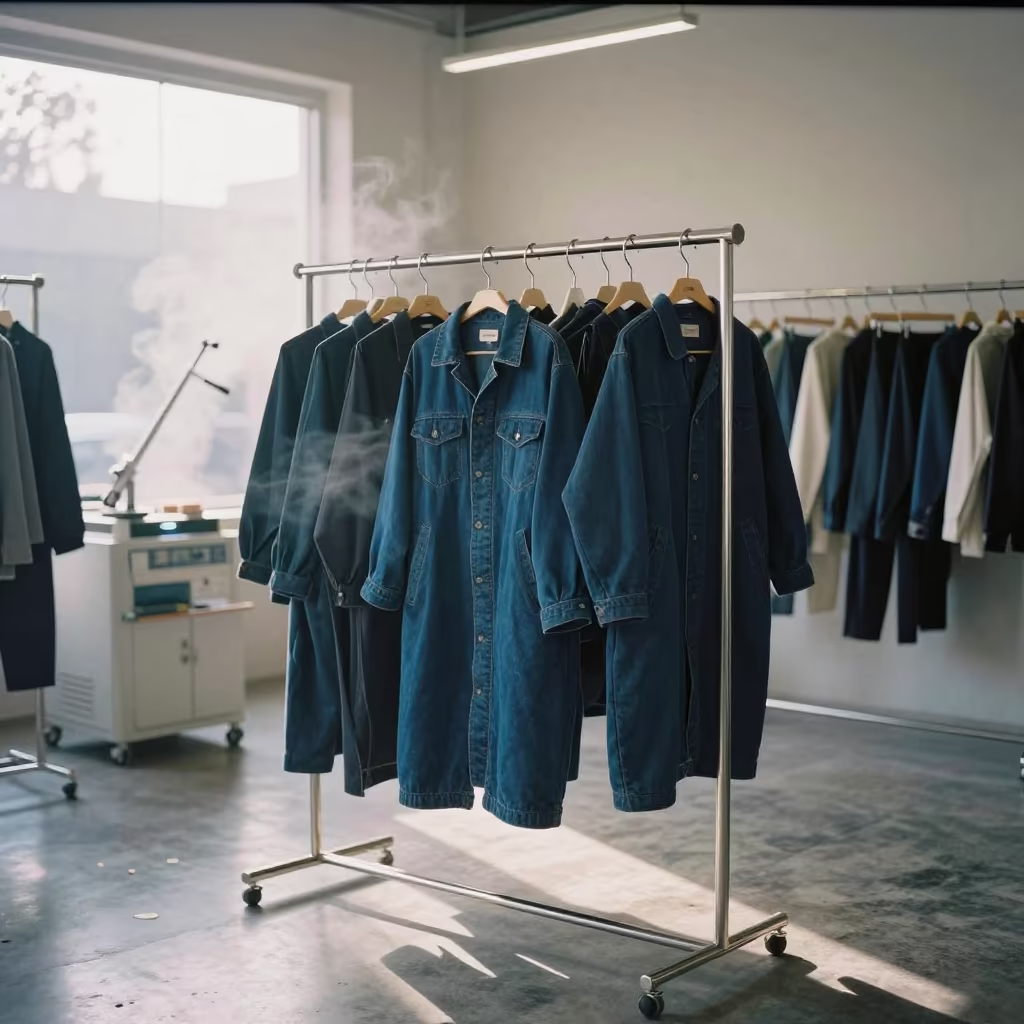 Indigo Workwear Steam Pressing Sukkur Showroom in inside a minimalist showroom in Sukkur