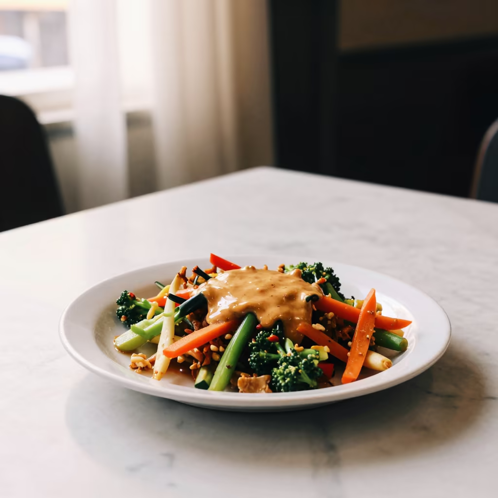 Indonesian Gado-Gado with Peanut Sauce Cairo Cafe in on a marble cafe table in Downtown, Cairo