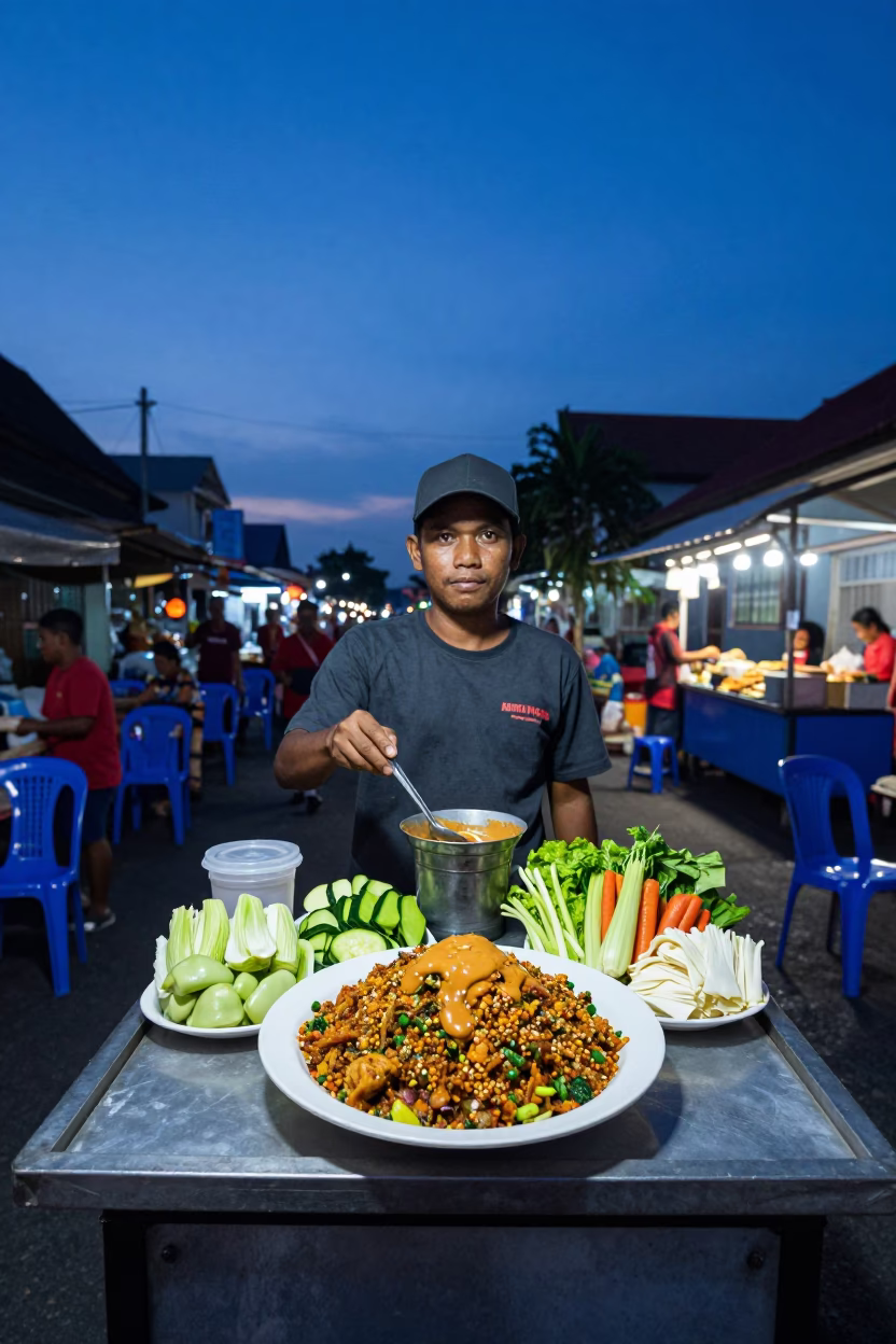 Indonesian Gado-Gado Street Vendor in Denpasar Twilight with Plastic Chairs and Umbrella in in Denpasar, Indonesia
