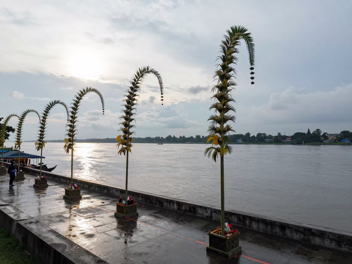 Indonesian Galungan Penjor Poles Waterfront Phnom Penh in at a waterfront celebration near Phnom Penh