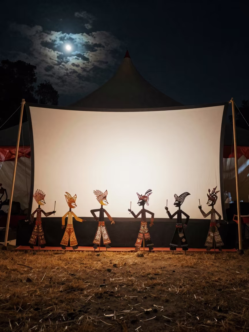 Indonesian Shadow Puppet Night Performance Under Tent in under a circus tent in Perth