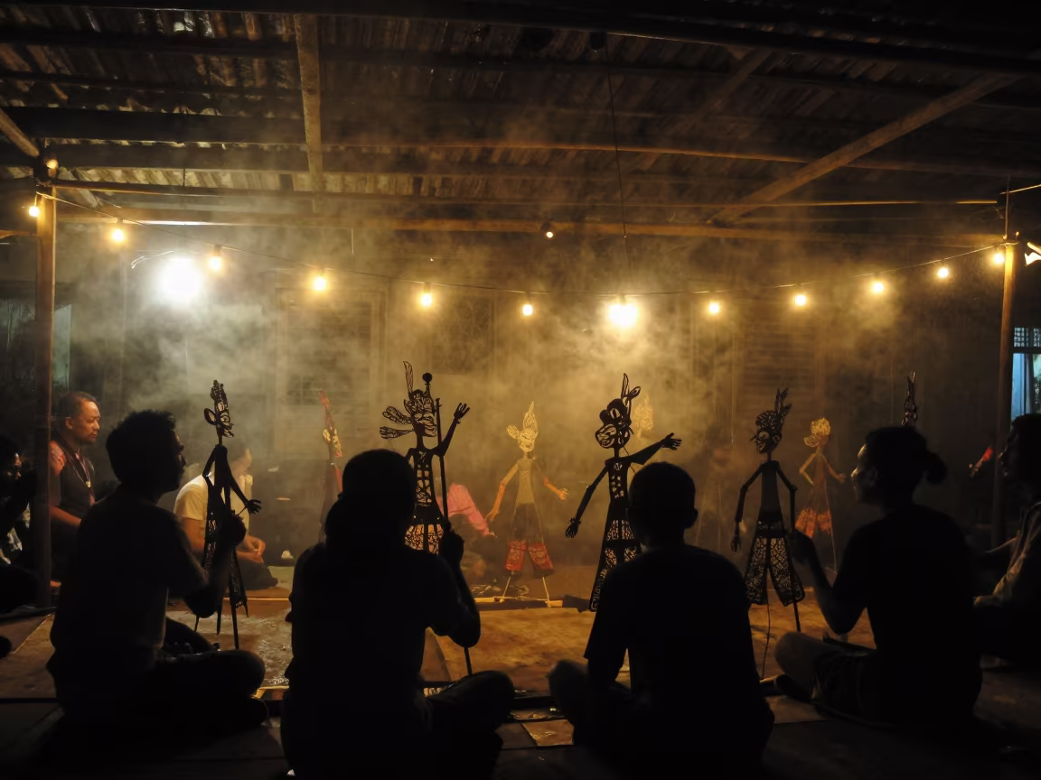 Indonesian Shadow Puppet Rehearsal at Night in in a rehearsal room in Sur
